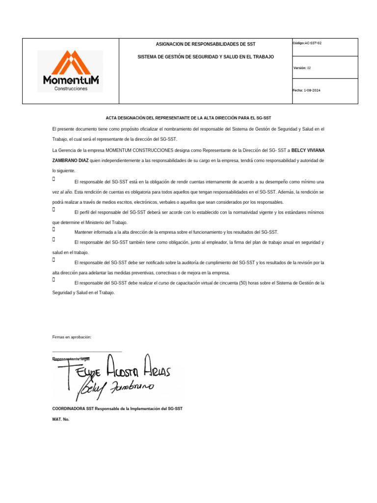 AC-SST-01 Representante Por La Dirección | PDF