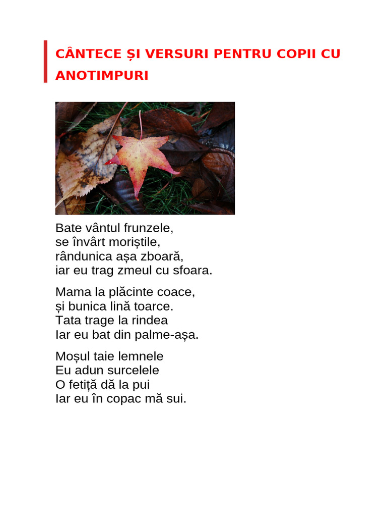 Cântece Și Versuri Pentru Copii Cu Anotimpuri | PDF