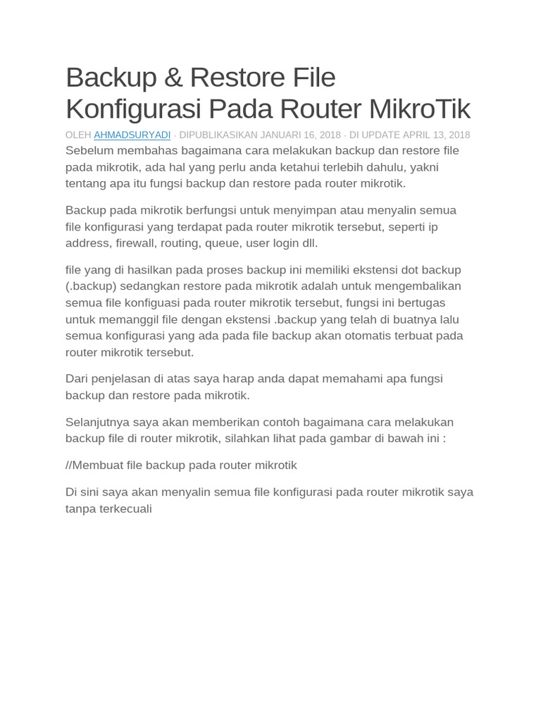 Cara Backup Dan Restore Setingan Mikrotik | PDF