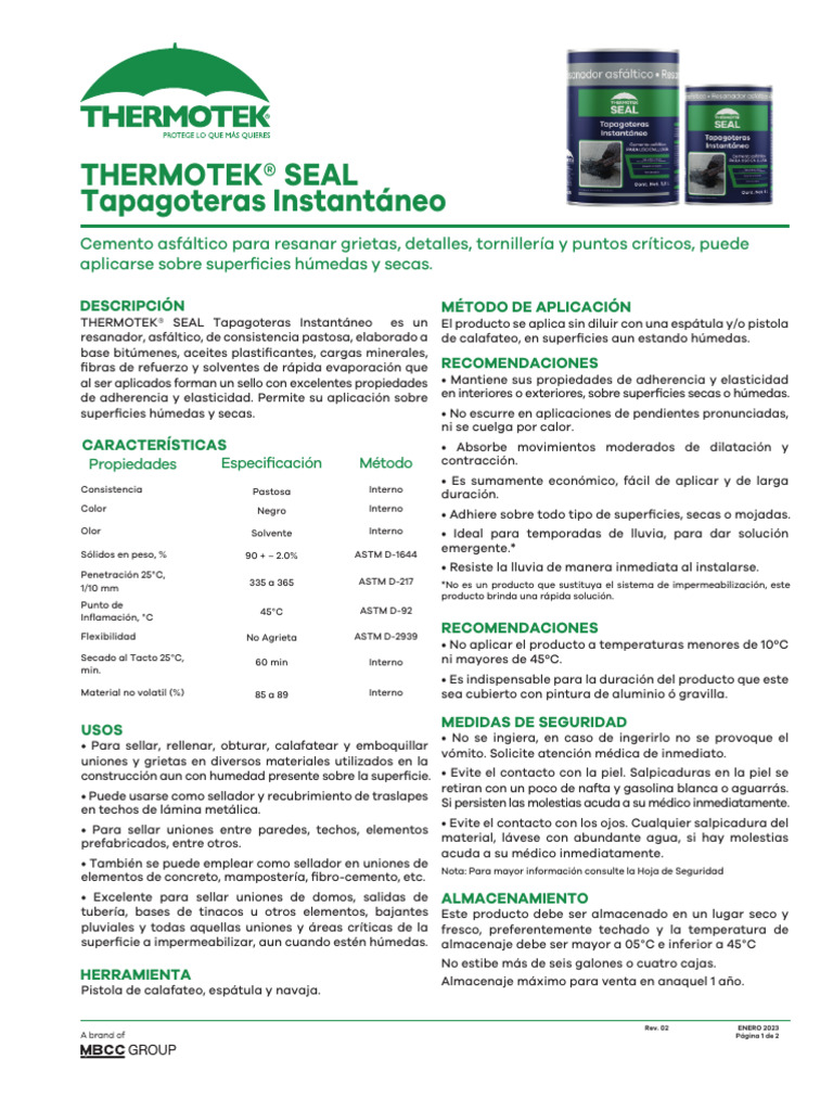 THERMOTEK SEAL Tapagoteras Instantaneo | PDF
