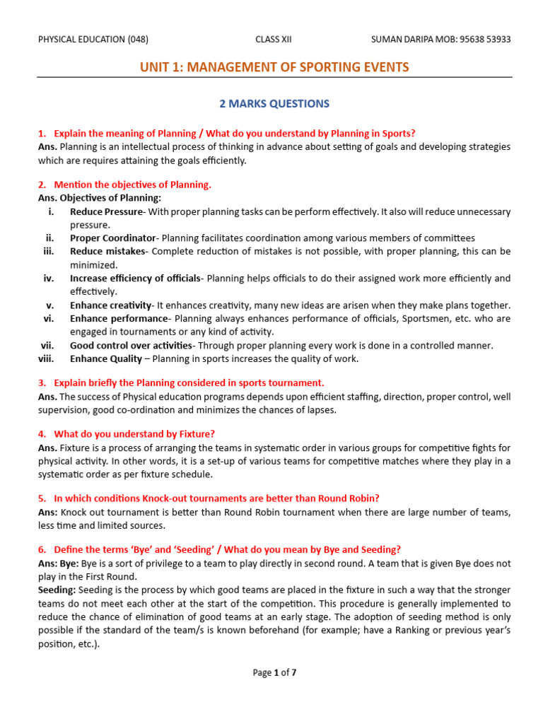 Unit 1: Management of Sporting Events: 2 Marks Questions | PDF