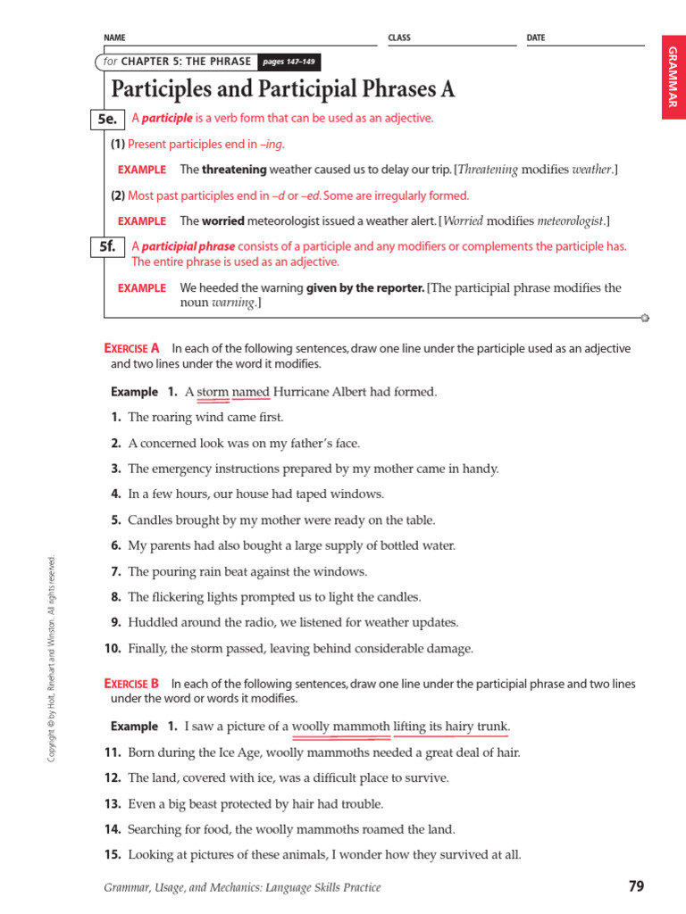Participles and Participial Phrases A: Example | PDF