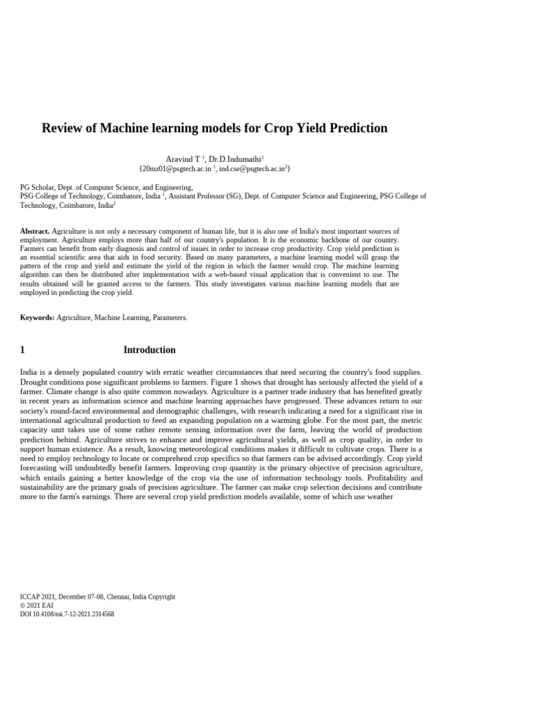 Review of Machine Learning Models For Crop Yield | PDF
