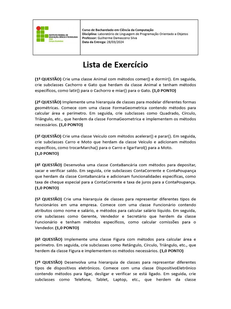 Exercícios de Programação Orientada a Objetos | PDF | Classe ...