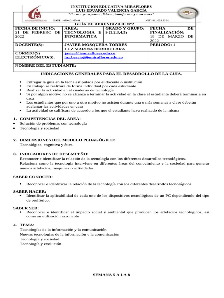 Guia # 2 Tecnologia e Informatica (1 Primer Periodo) | PDF