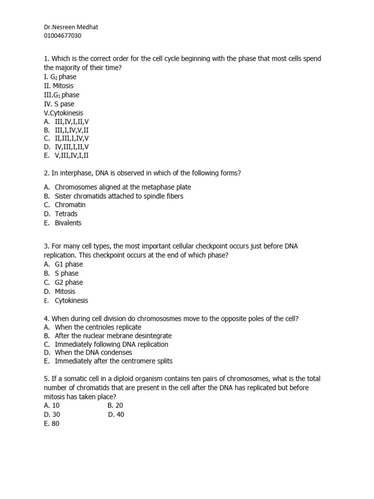 Mitosis Practice Questions Pdf
