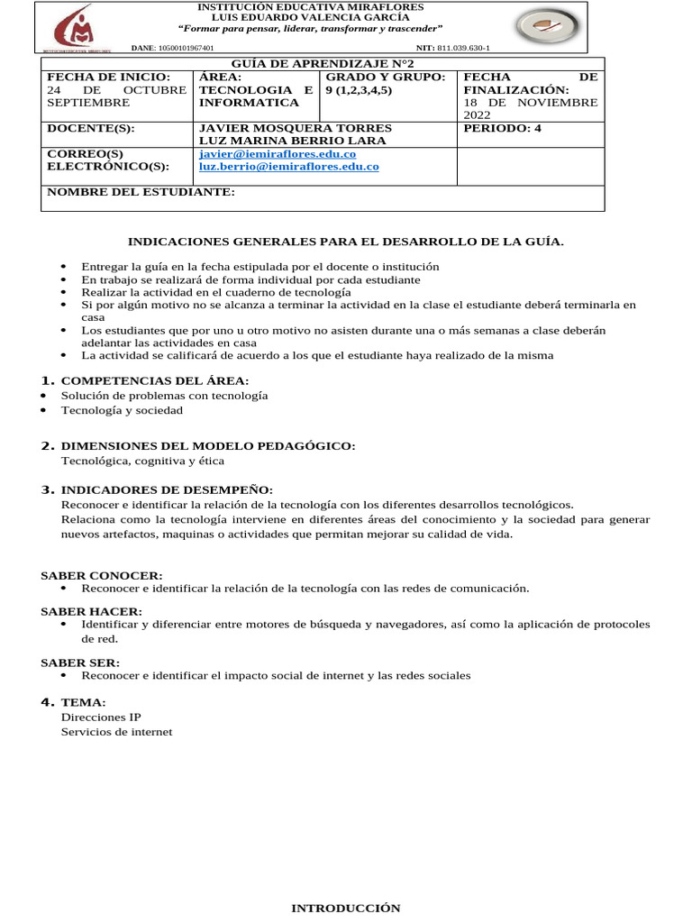 Tecnologia e Informatica (Guia # 2 Cuarto Periodo) Grado 9° | PDF