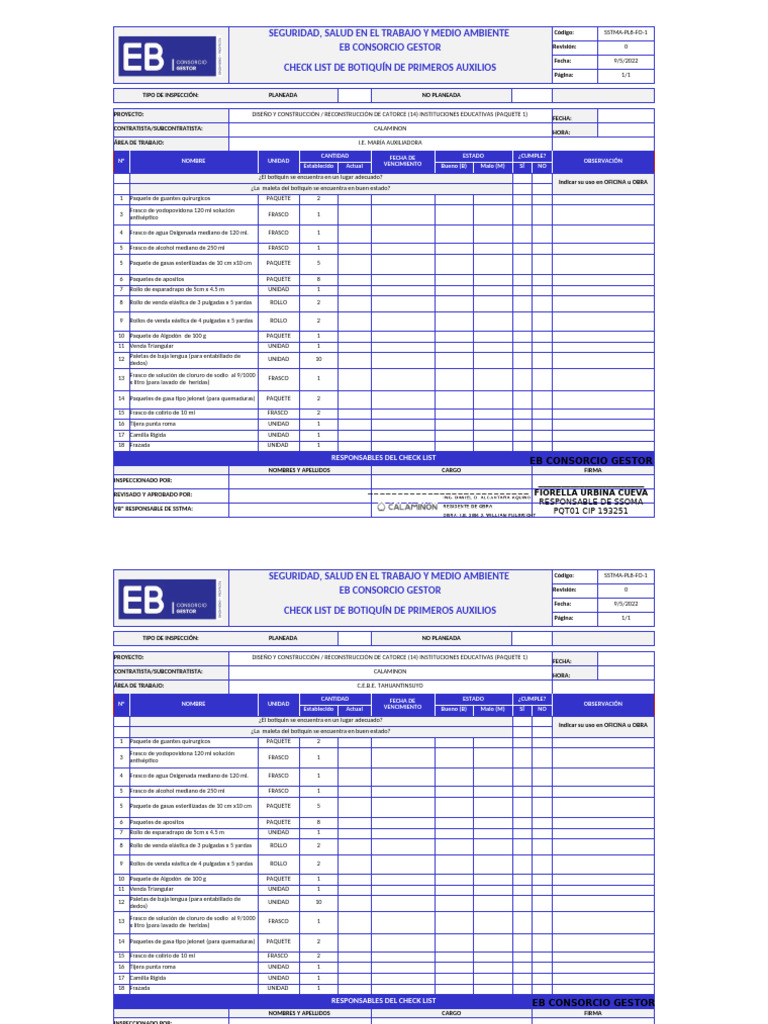 SSTMA-PL8-FO-1 Checklist de Botiquín de Primeros Auxilios | PDF