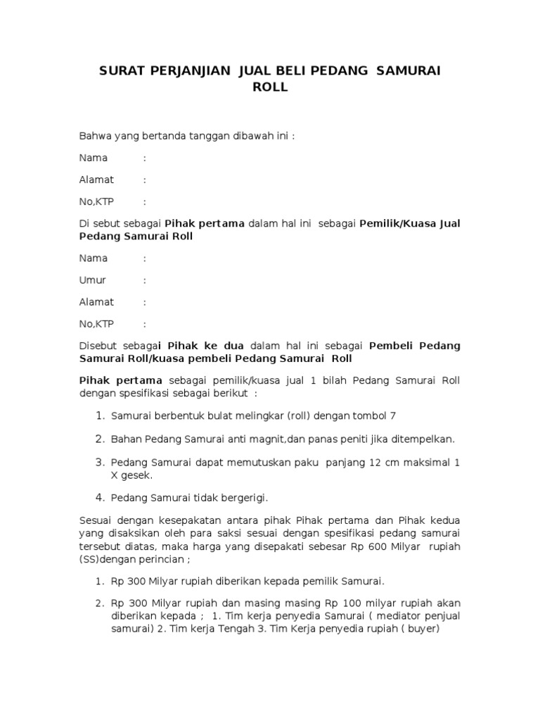 Surat Perjanjian Jual Beli Pedang Samurai Roll Pdf