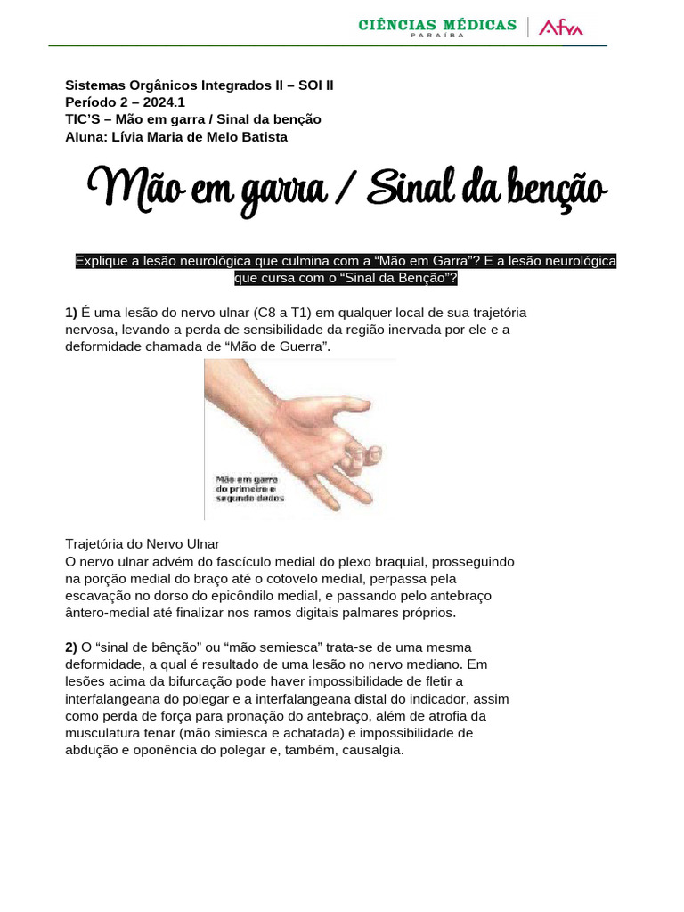 Lesões Neurológicas: Mão em Garra e Sinal da Benção | PDF | Sistema ...