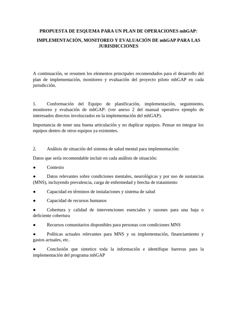 PROPUESTA DE ESQUEMA PARA UN PLAN DE OPERACIONES mhGAP 1 | PDF