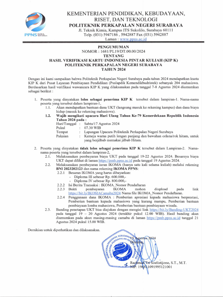 Hasil Verifikasi KIPK Angkatan 2024 | PDF