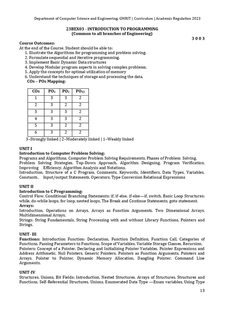 B.tech - CSE - Syllabus - AR23 23BEX03 23BEX07 Programming in C | PDF