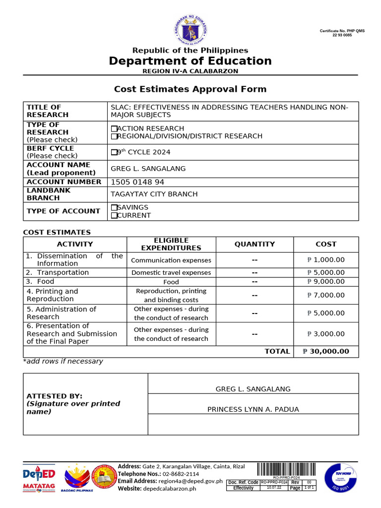 Corrected BERF Cost Estimates Approval Form | PDF