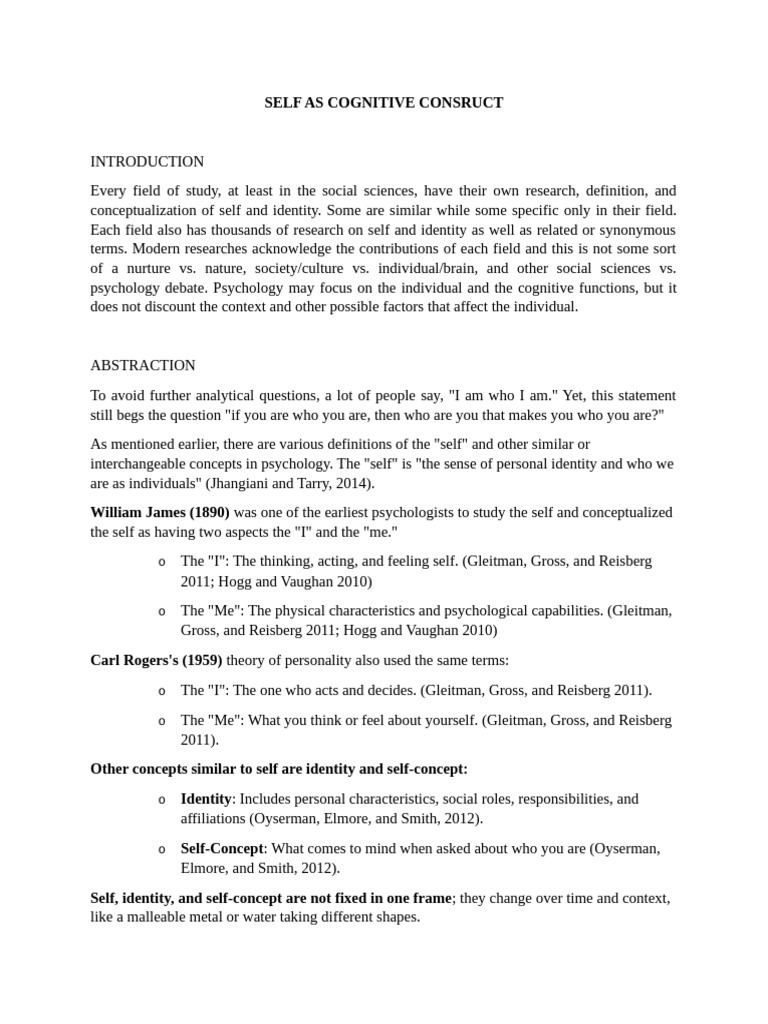 Self As Cognitive Consruct | PDF