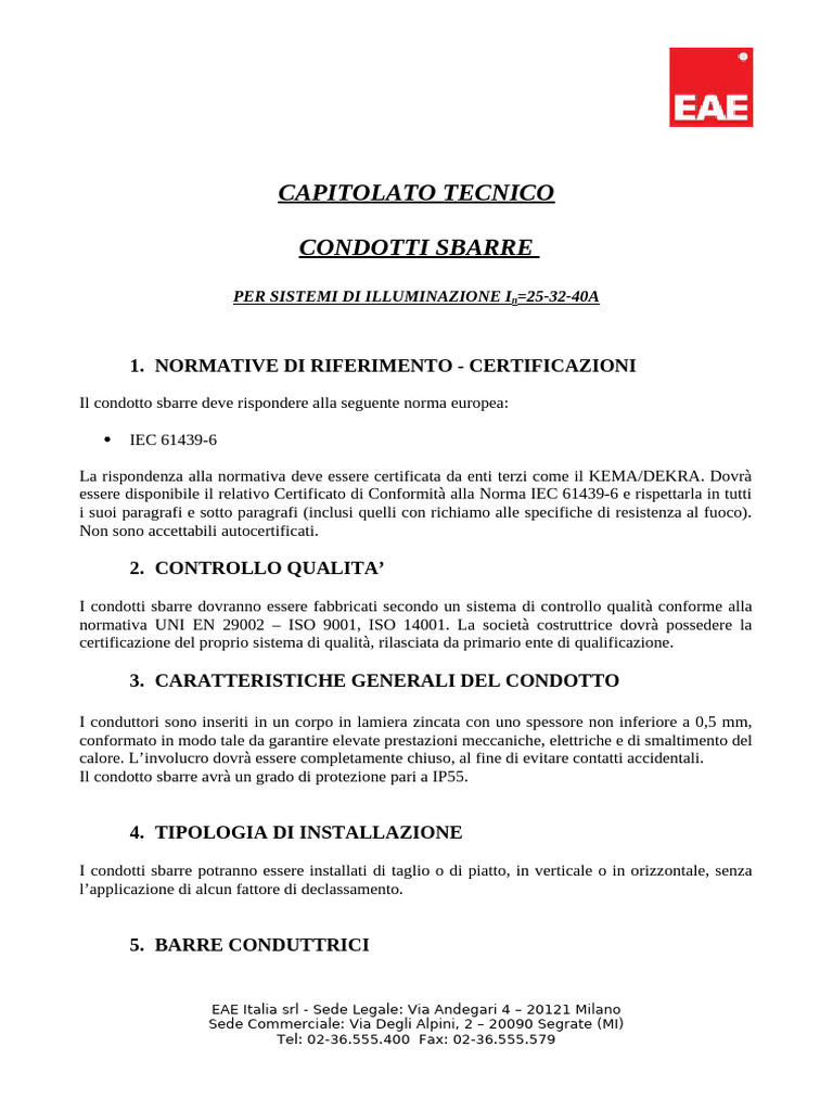 Capitolato KAM - EAE Elektrik - Condotti Sbarre | PDF