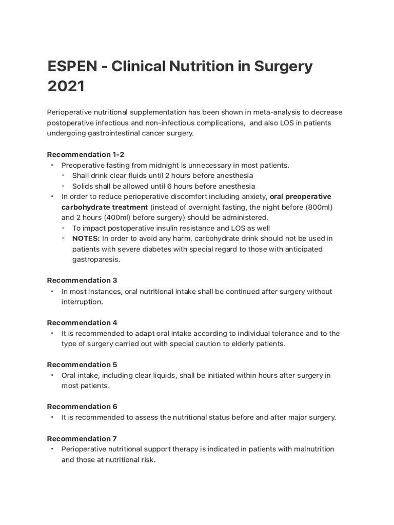 ESPEN - Clinical Nutrition in Surgery 2021 | PDF