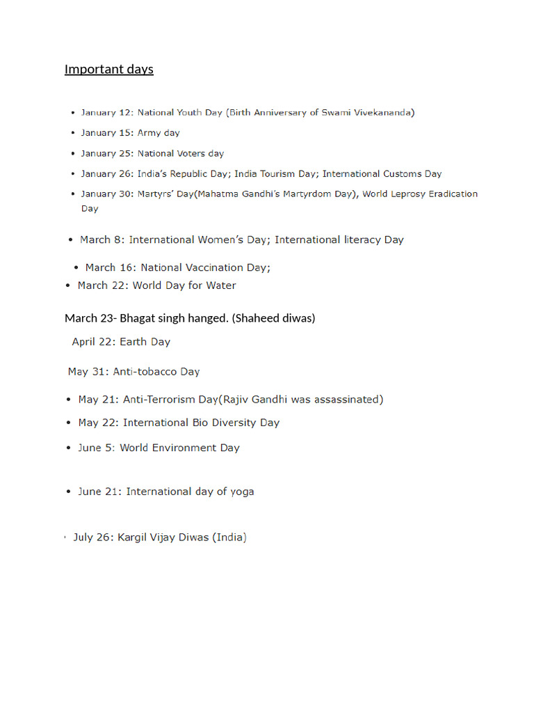 Important Days Pdf Free Download