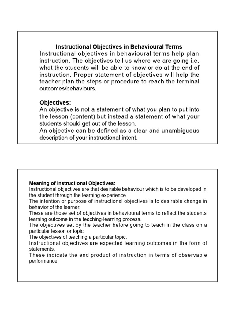 Meaning and Importance of Instructional Objectives in Behavioural Terms ...