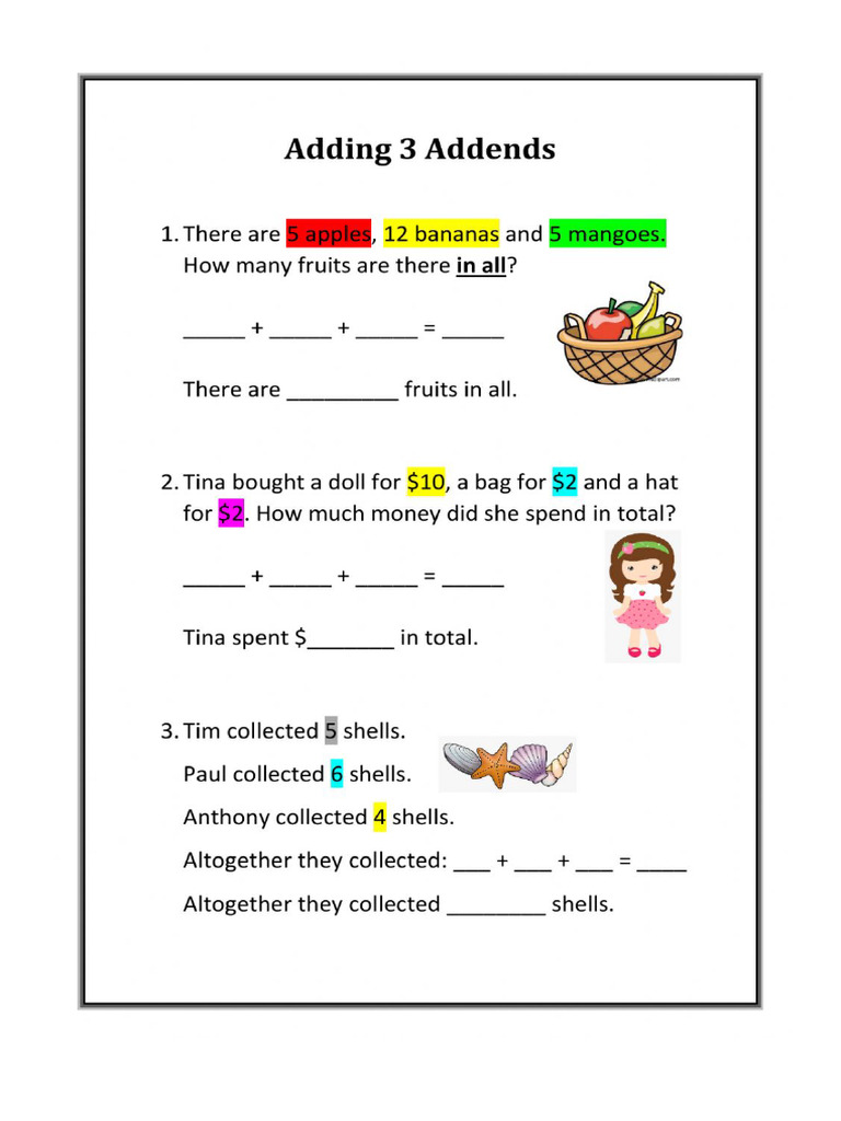 Adding 3 Addends Word Problems (Printed) | PDF
