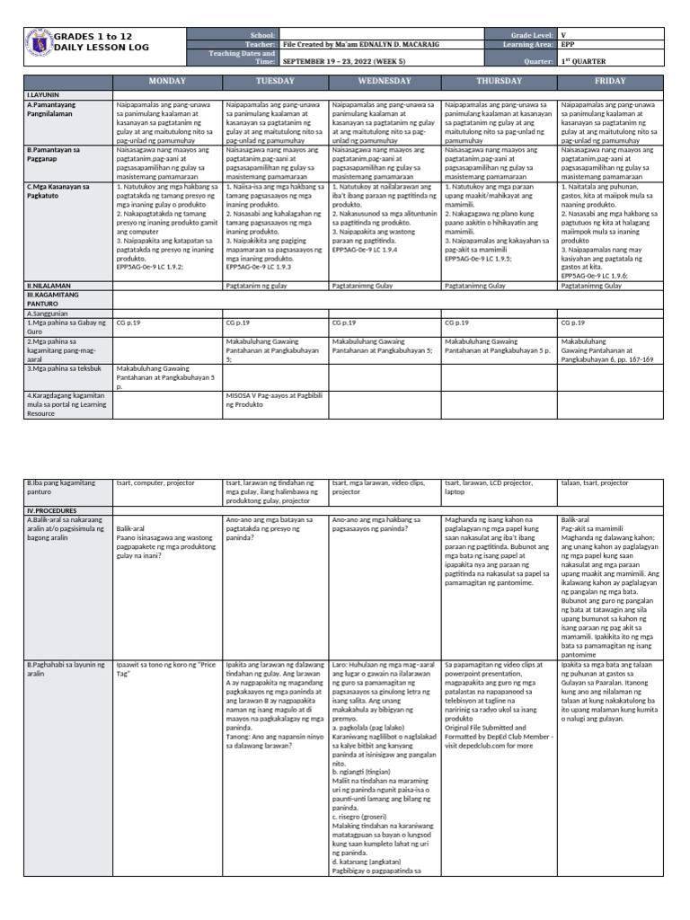 DLL - Epp 5 - Q1 - W5 | PDF