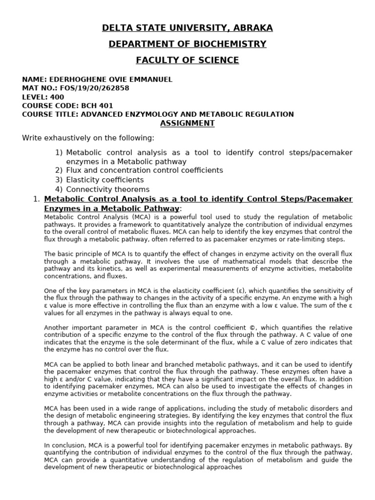 BCH 401 Second Assignment | PDF | Metabolism | Science & Mathematics