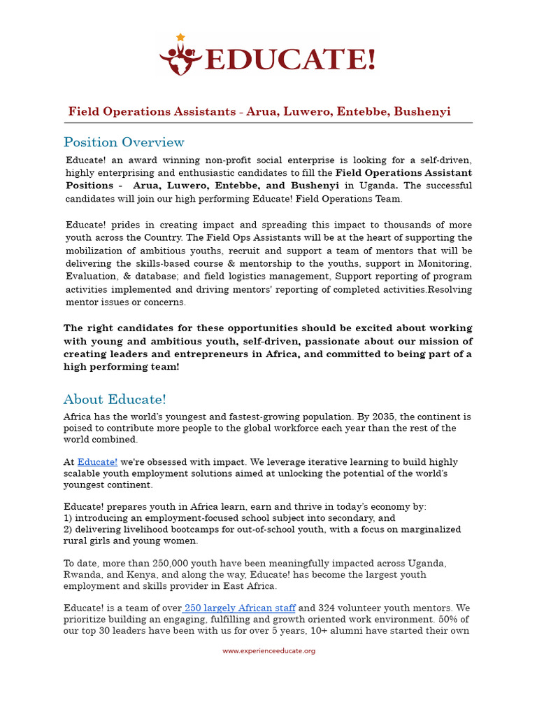 Field Operations Assistant Jobs in Uganda | PDF | Mentorship | Career ...