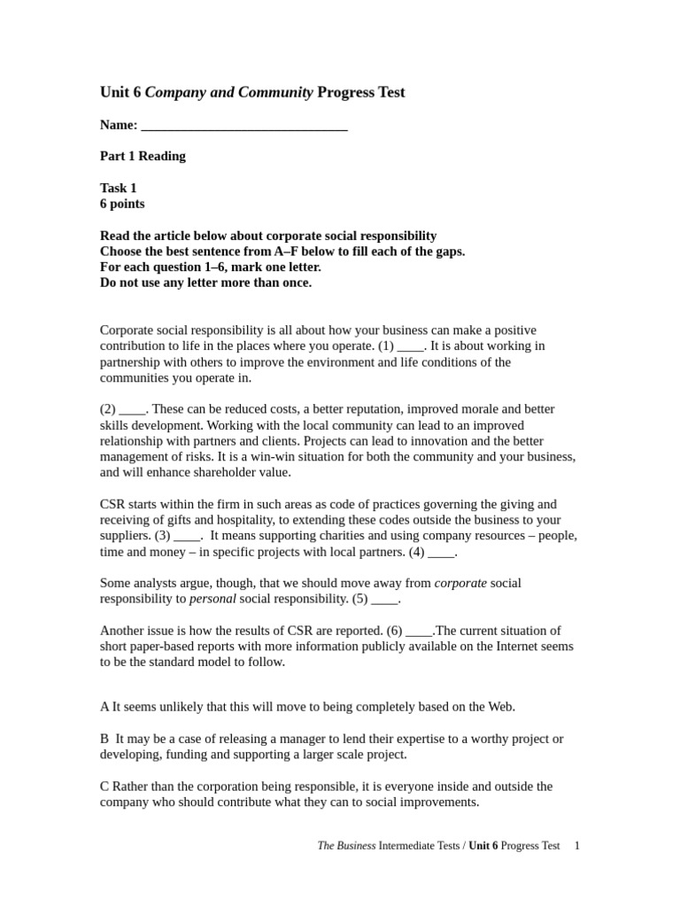 Unit 6 Progress Test | PDF | Corporate Social Responsibility | Business ...