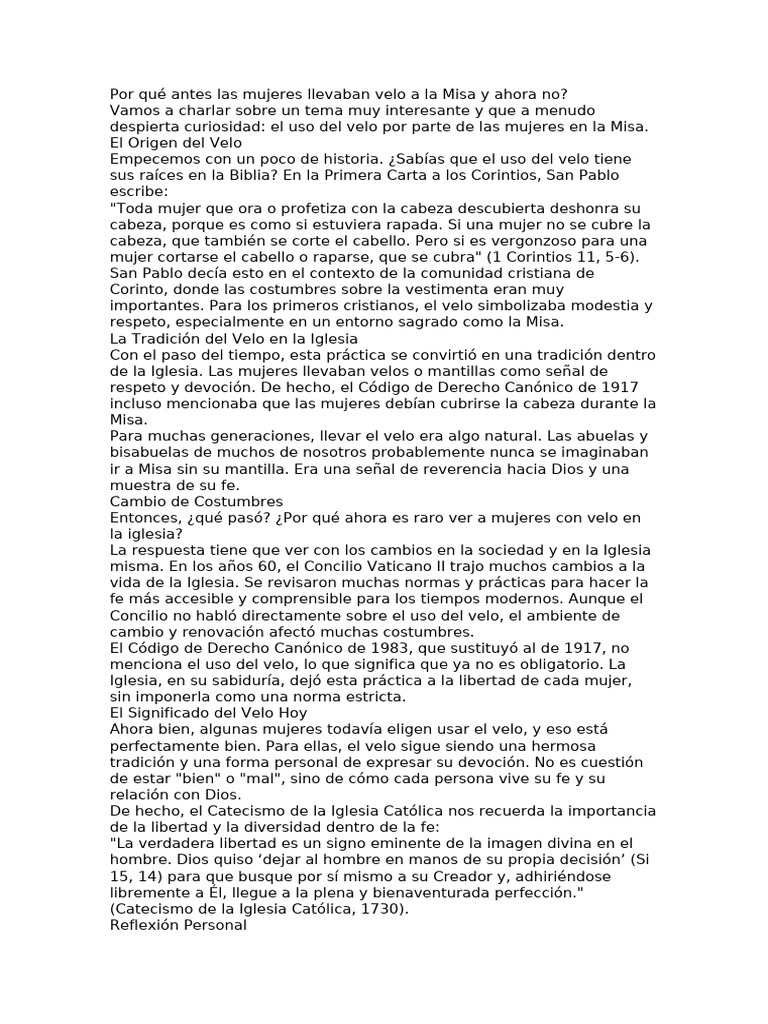 Por Qué Antes Las Mujeres Llevaban Velo A La Misa y Ahora No | PDF