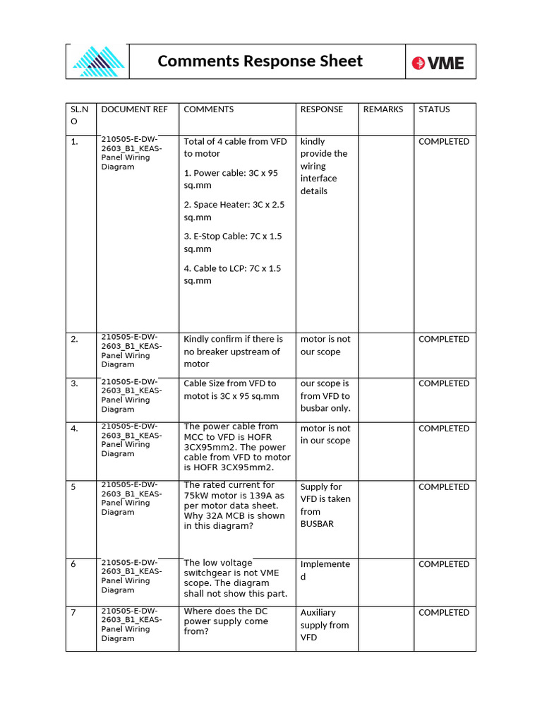 Wiring Diagram Comments Response Sheet | PDF