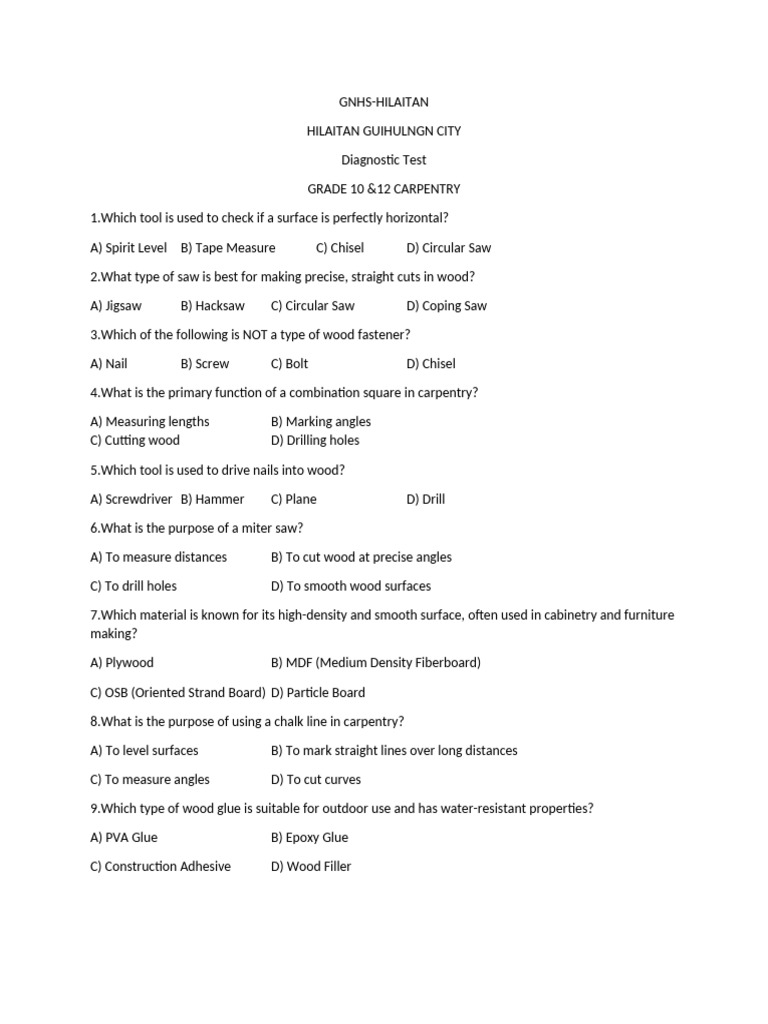 Carpentry 10 Diagnostic Test | PDF