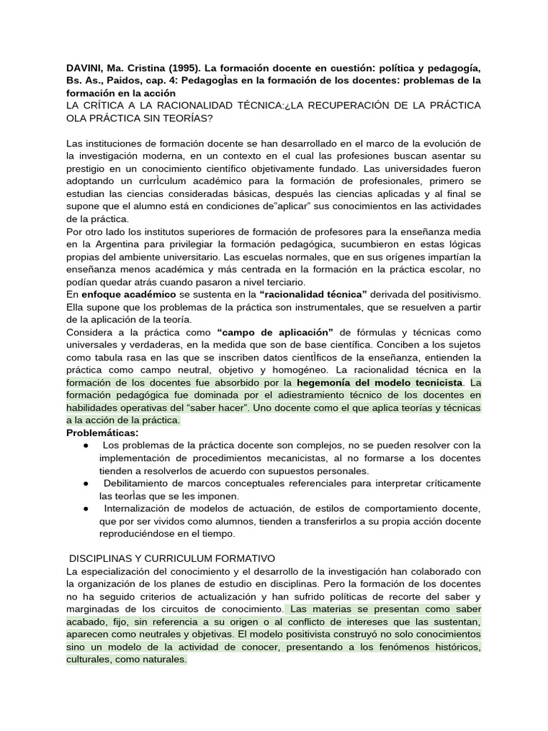Crítica a la formación docente en Davini | PDF | Enseñando | Maestros
