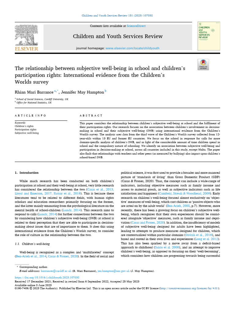 The Relationship Between Subjective Well-Being in School and Children's ...