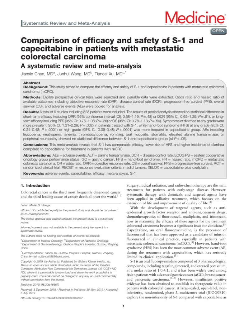 Comparison of Efficacy and Safety of S-1 and Capecitabine in Patients ...