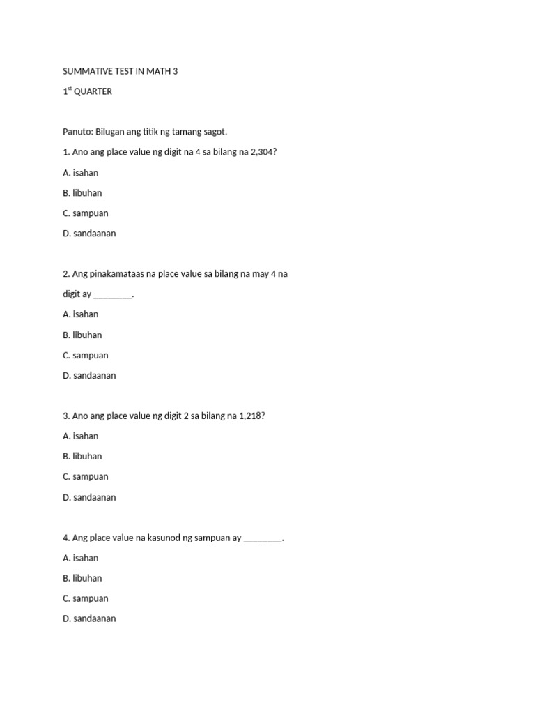 Summative Test in Math 3 | PDF