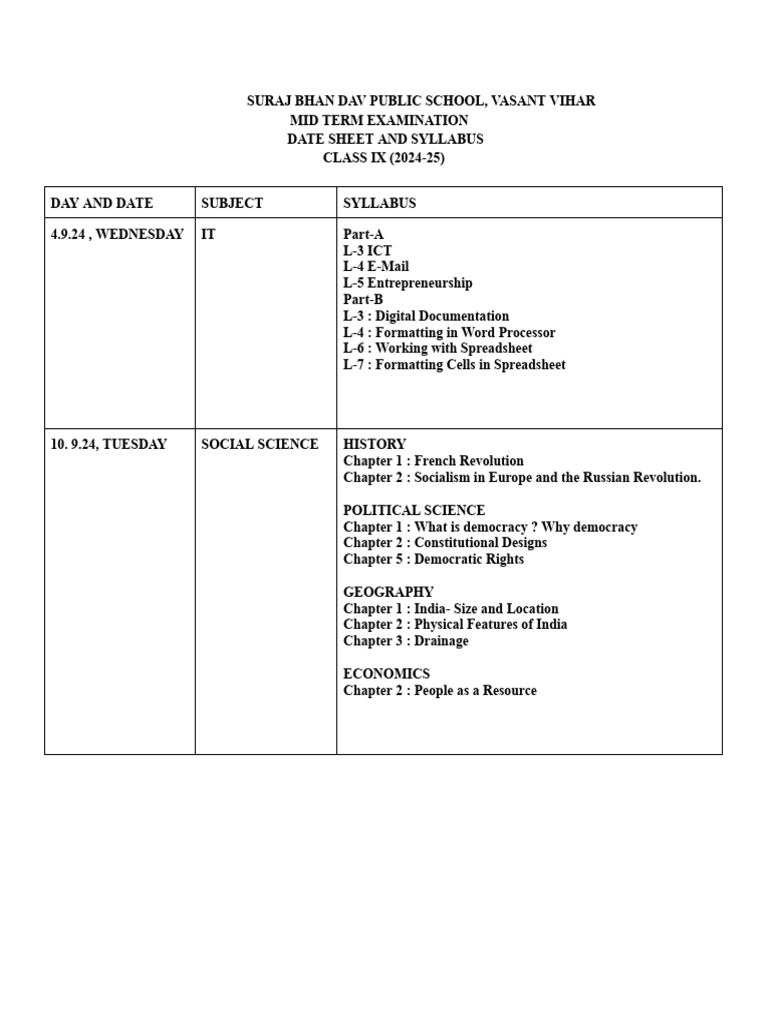 Class IX Mid Term Exam Date Sheet 2024-25 | PDF | Geometry | Mathematics