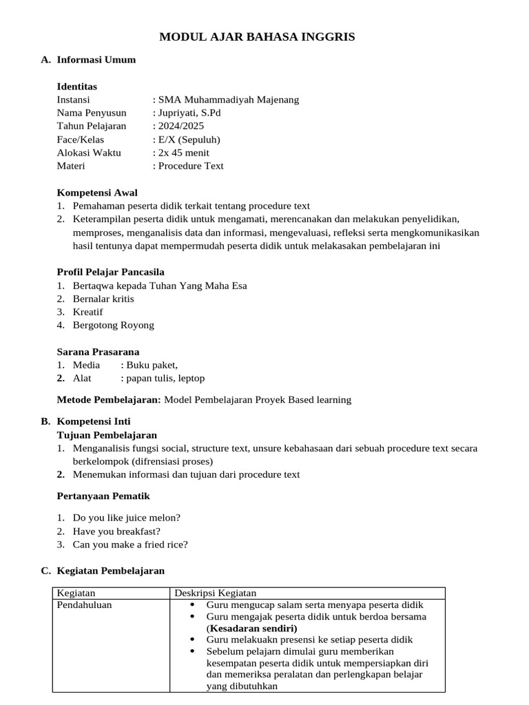 Modul Ajar Procedure Text Diferensiasi | PDF