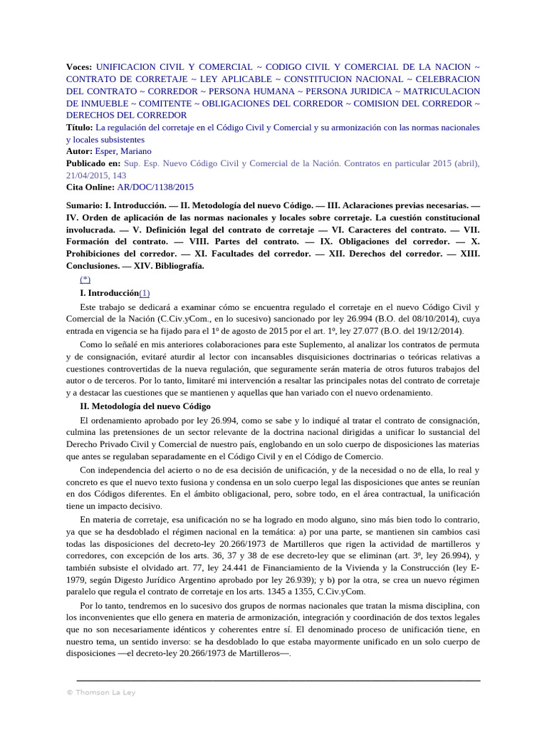 Esper - La Reg Del Corretaje en El CCCN y Su Armonizacion Con Las ...