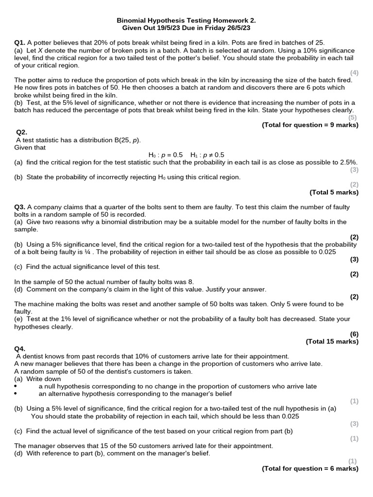 Binomial Hypothesis Testing HW 2 | PDF
