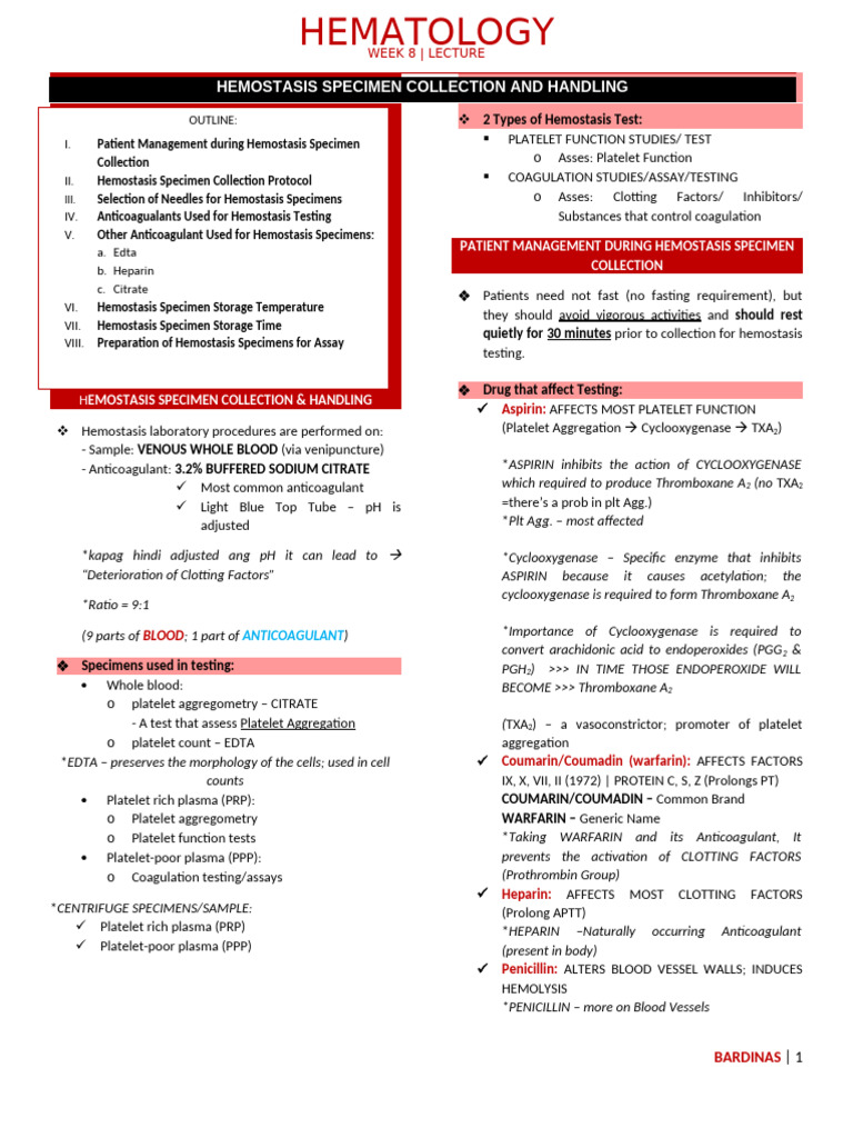 Week 8 - Hemostasis Specimen Collection | PDF
