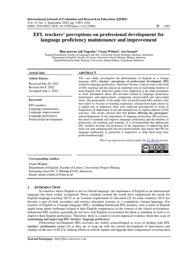 EFL Teachers Perceptions On Professional | PDF | English As A Second Or ...