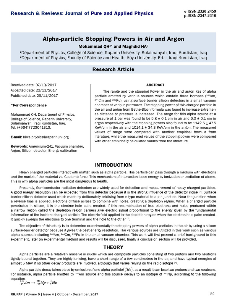 Alpha Particle Stopping Powers in Air and Argon | PDF