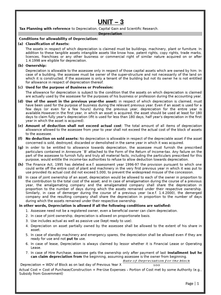 Corporate Tax Planning Unit 3 | PDF | Depreciation | Business