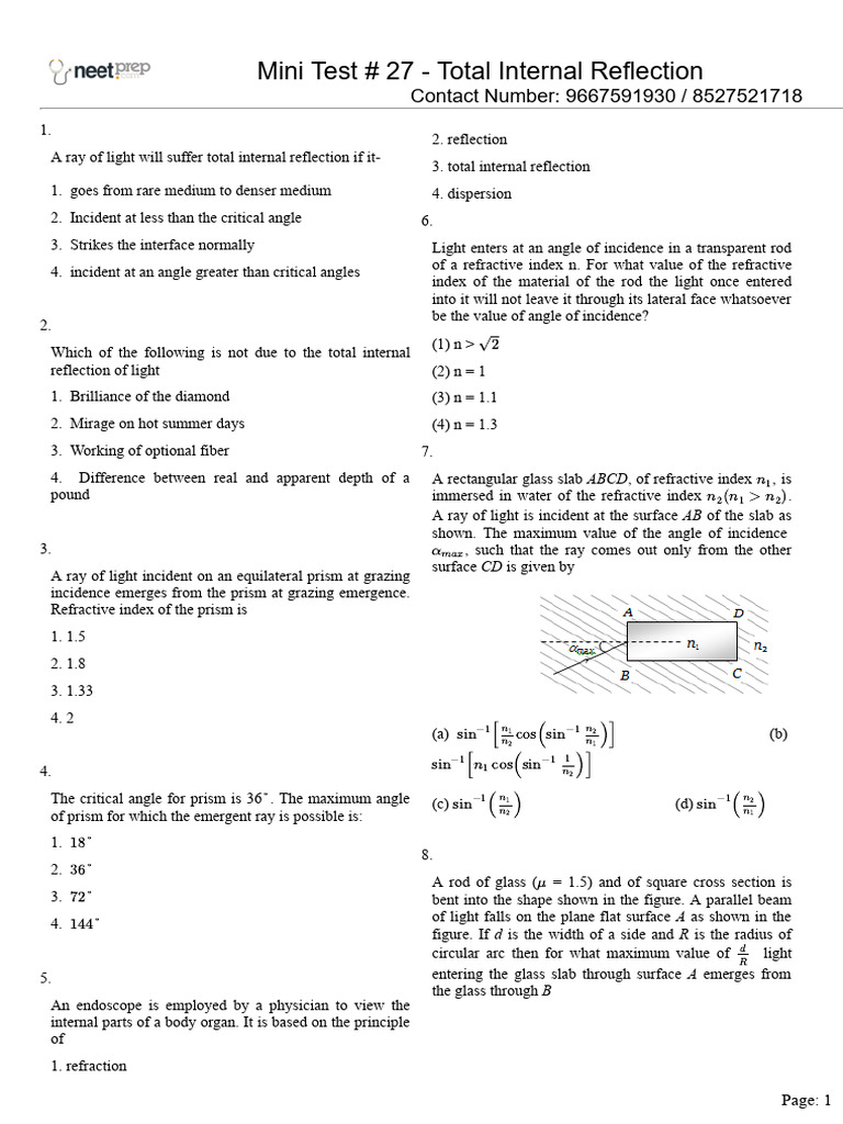 Mini Test # 27 - Total Internal Reflection | PDF
