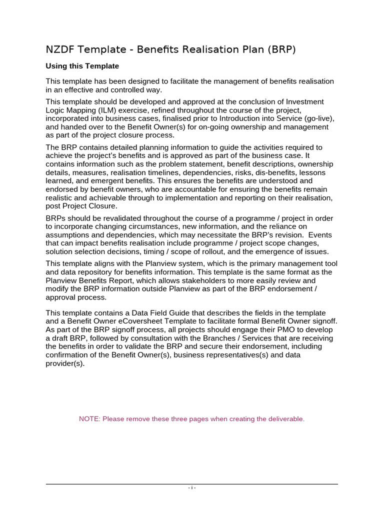 NZDF Benefitsrealisation Plan Templat | PDF