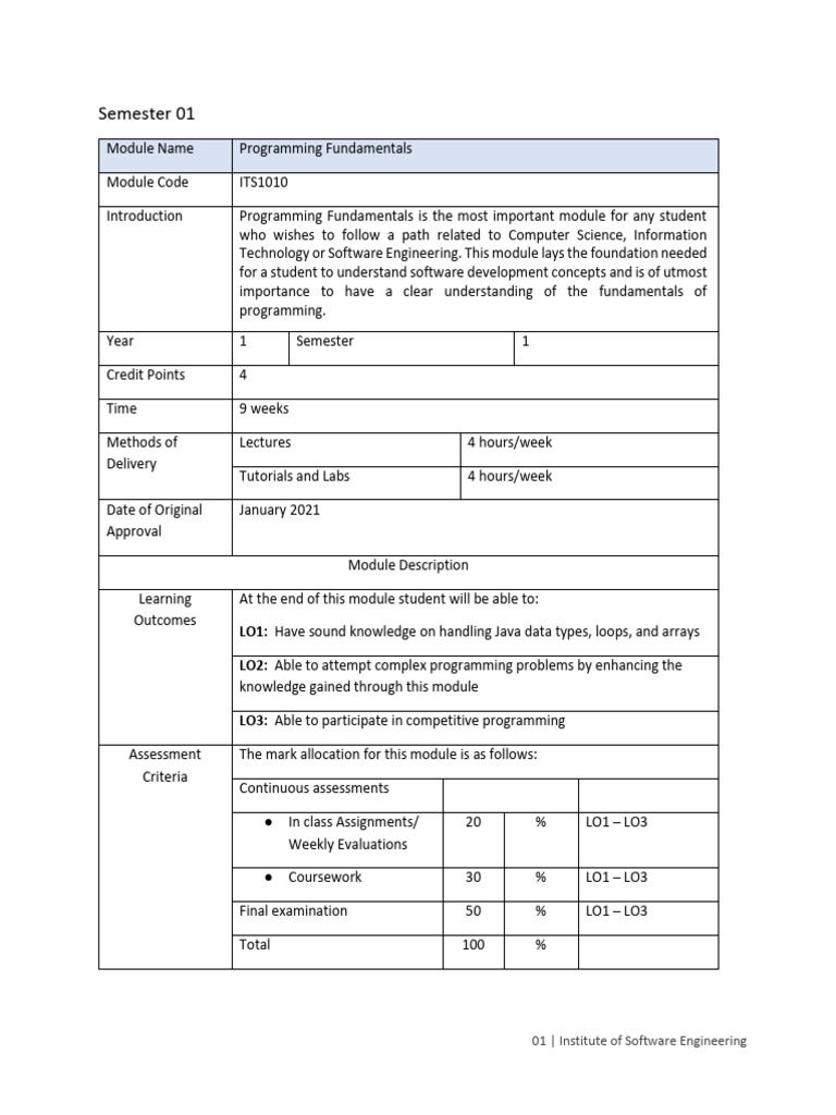 Semester 01 - ITS 1010 - Programming Fundamentals - Module Outline | PDF