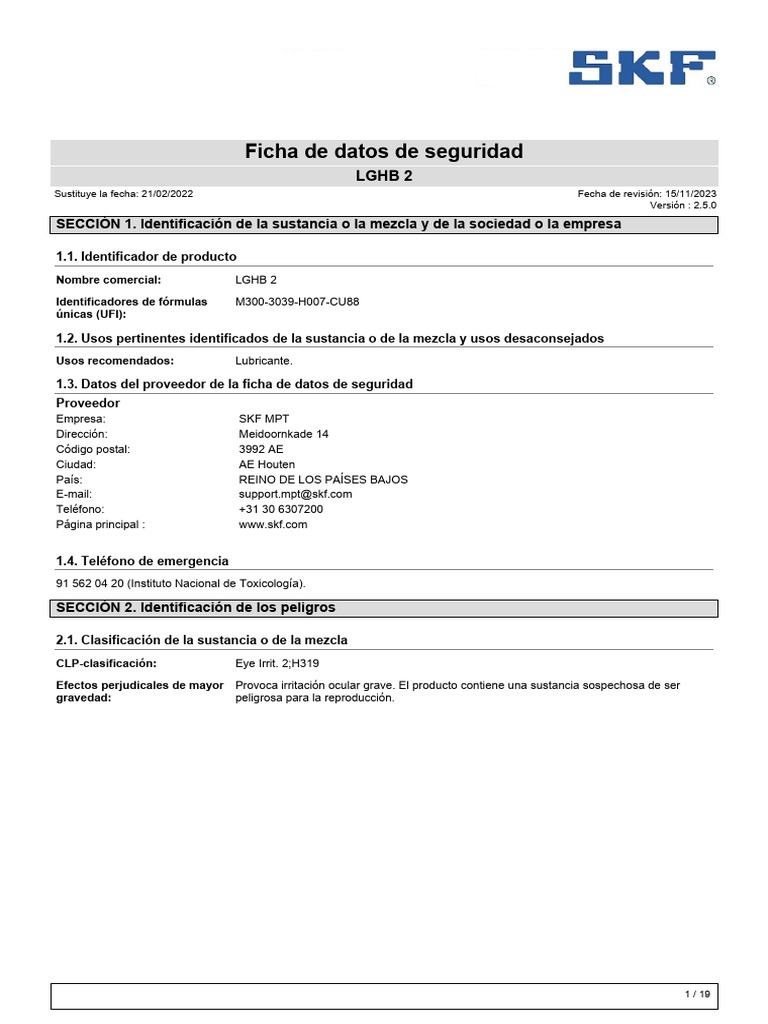 Ficha de Seguridad LGHB 2 Lubricante | PDF | Animal Testing | Toxicology