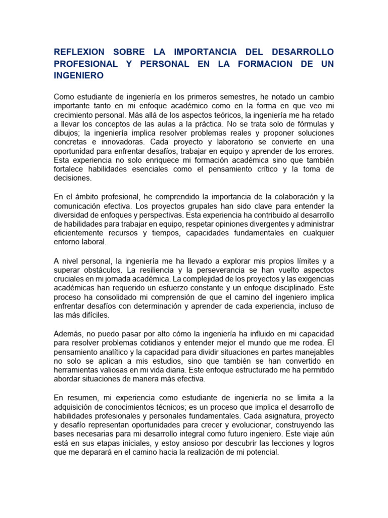 Reflexion Sobre La Importancia Del Desarrollo Profesional y Personal en ...