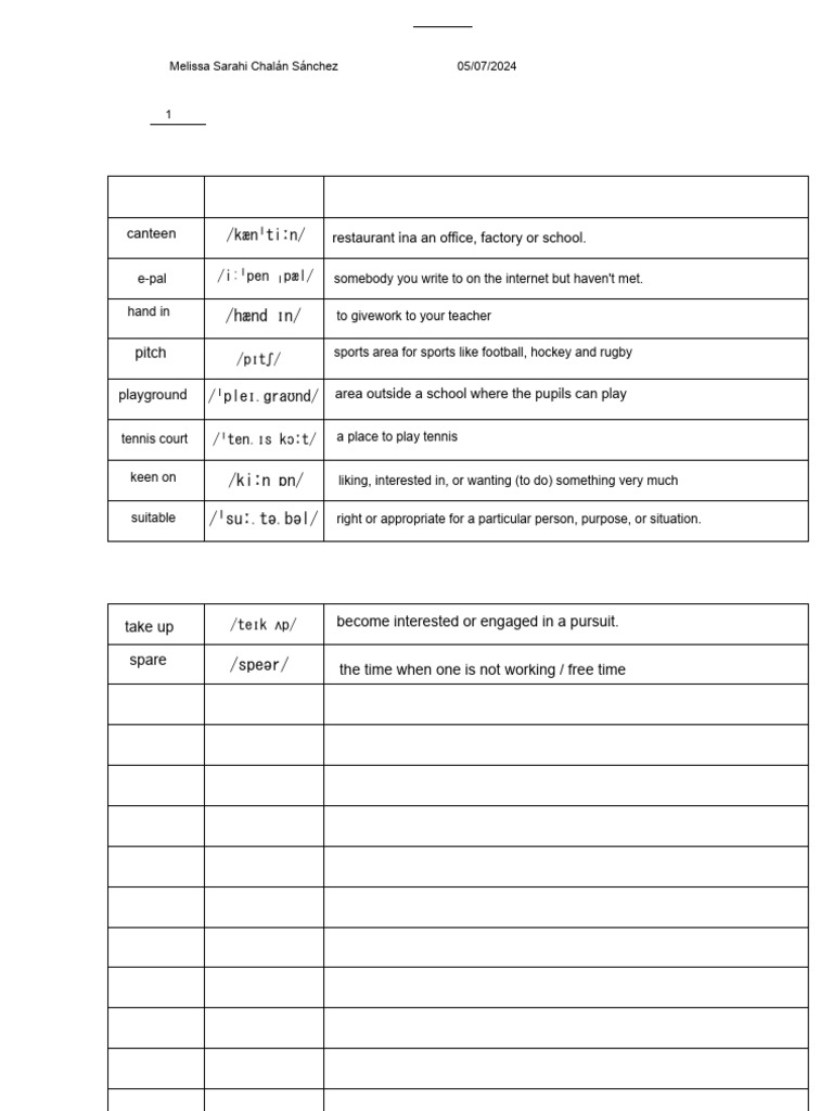 Homework Vocabulary Pdf