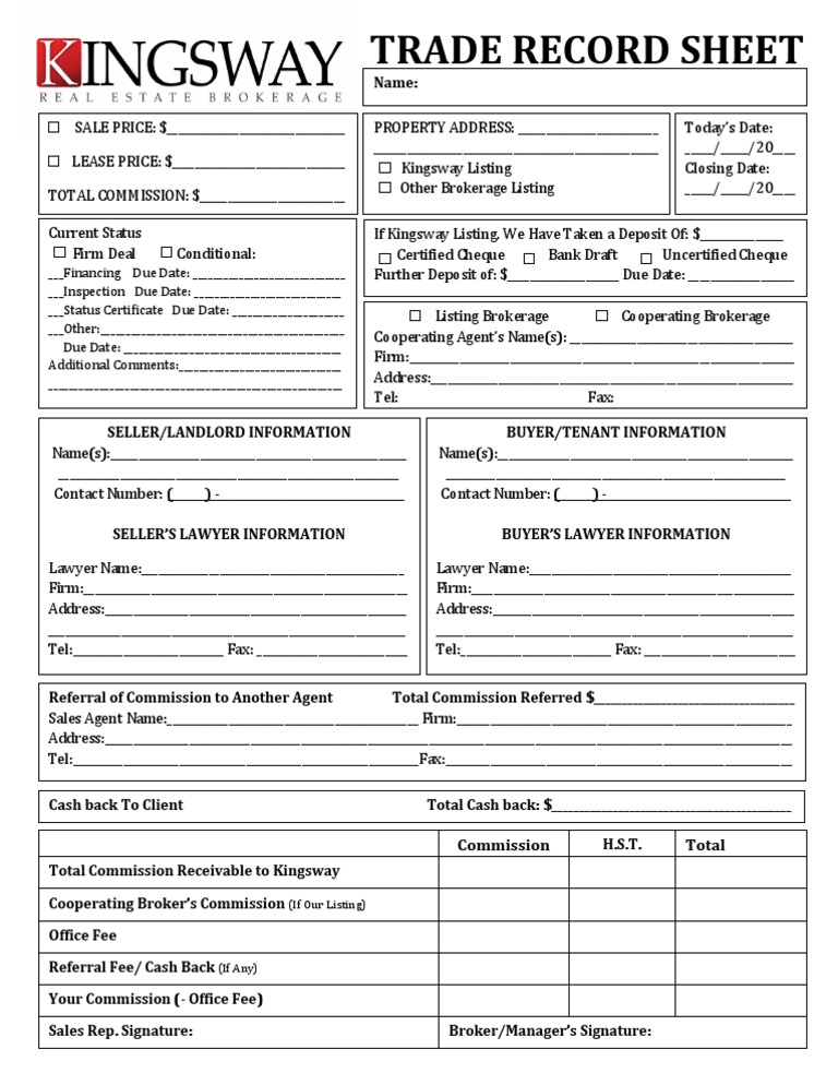 Kingsway Trade Record Sheet | PDF | Finance & Money Management